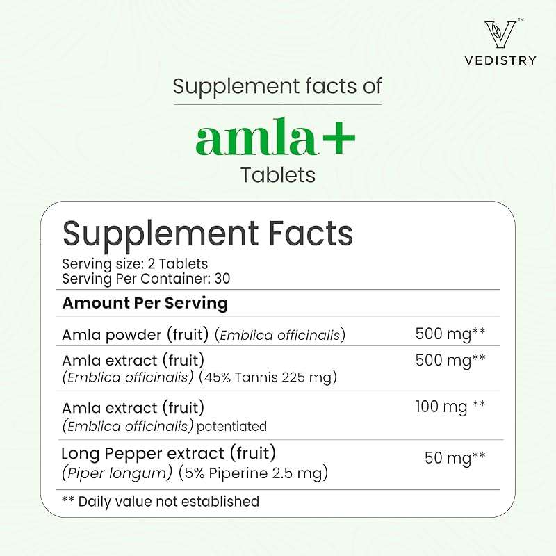 Vedistry Amla Supplement 1100mg Indian Gooseberry Tablet with Long Pepper for Immunity & Energy Herbal Supplement Rich in Vitamin C & Antioxidant for Hair Growth, Energy & Overall Wellness– 60 Tablets - Image 6