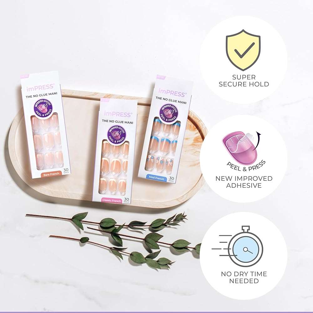 Kiss Impress No Glue Mani Press On Nails, Model, Classic French Manicure Kit, 30 Light Neutral + White Tip, Short Squoval, With IMPROVED Adhesive, Includes Prep Pad, Manicure Stick & Mini File - Image 4