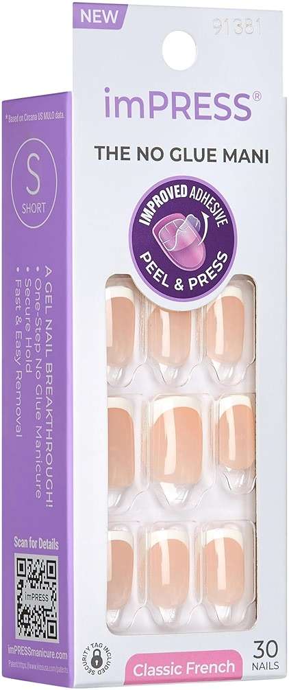 Kiss Impress No Glue Mani Press On Nails, Model, Classic French Manicure Kit, 30 Light Neutral + White Tip, Short Squoval, With IMPROVED Adhesive, Includes Prep Pad, Manicure Stick & Mini File - Image 8