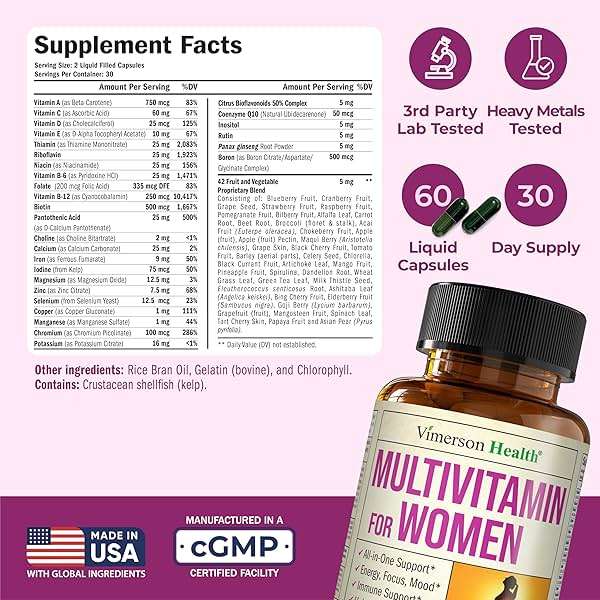 Vimerson Health Multivitamin for Women: Vitamins, Minerals and Bioavailable D3 for Focus and Energy Support – Daily Womens Multivitamins and Multiminerals – 60 Liquid Capsules - Image 3