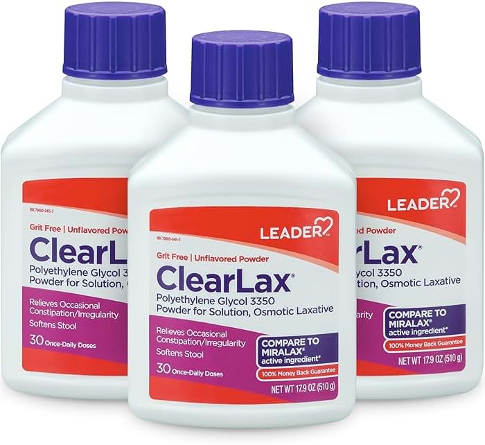 Leader ClearLax Laxative Powder for Gentle Constipation Relief, Grit-Free, Polyethylene Glycol, Osmotic Laxative, Stimulant-Free, Softens Stool, 30-Day Supply, 17.9 Ounce, 30 Doses (Pack of 3) - Product Image
