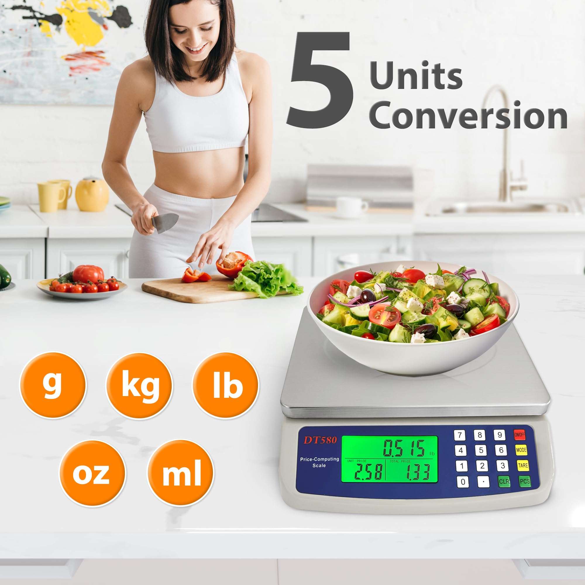 Large Digital Kitchen Scale 40kg/88lb Stainless Steel Price Computing Scale Counting Scale Deli Scale with LCD Display for Baking Bread Cooking Meat Prep Parts and Coins Adapter Included - Image 3