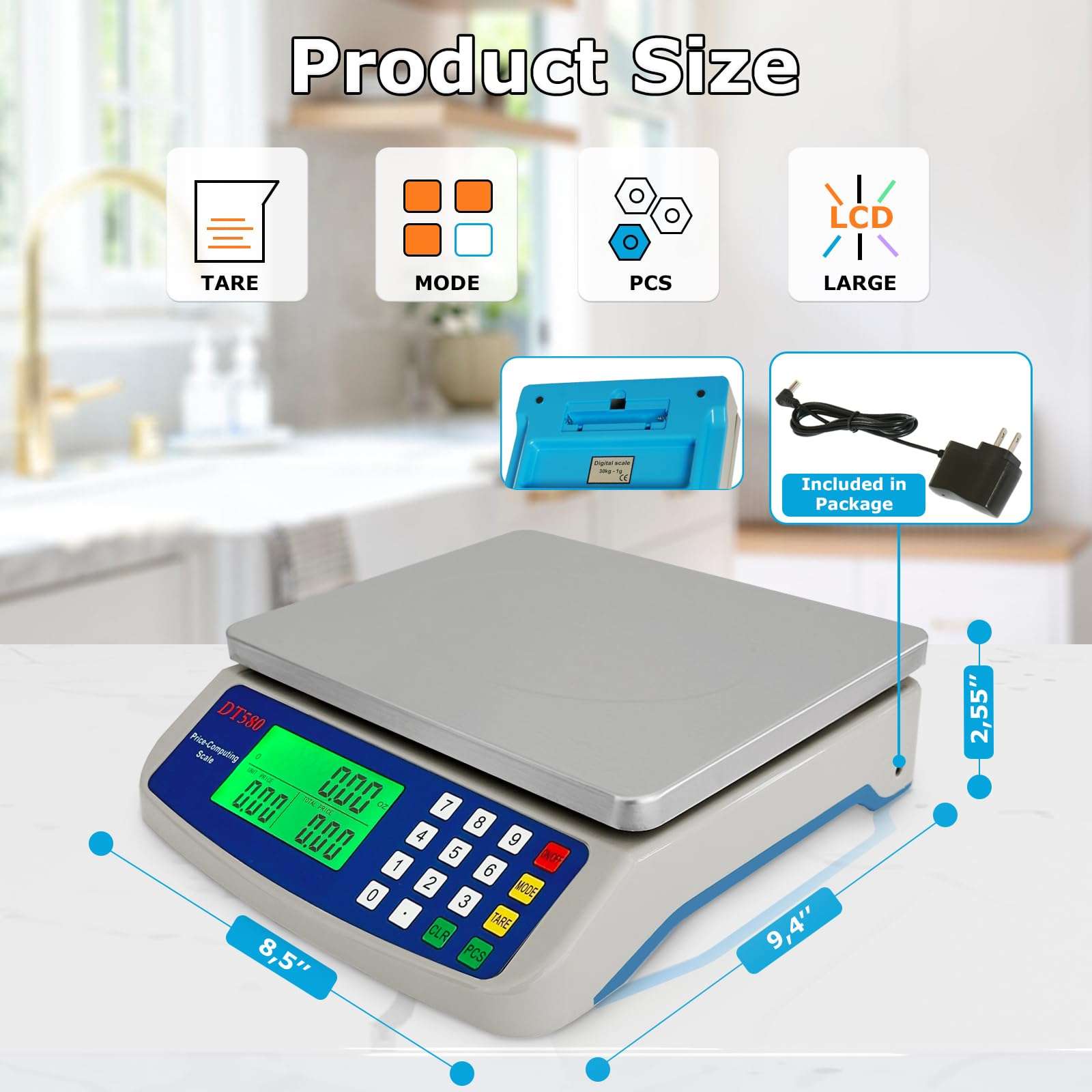 Large Digital Kitchen Scale 40kg/88lb Stainless Steel Price Computing Scale Counting Scale Deli Scale with LCD Display for Baking Bread Cooking Meat Prep Parts and Coins Adapter Included - Image 4