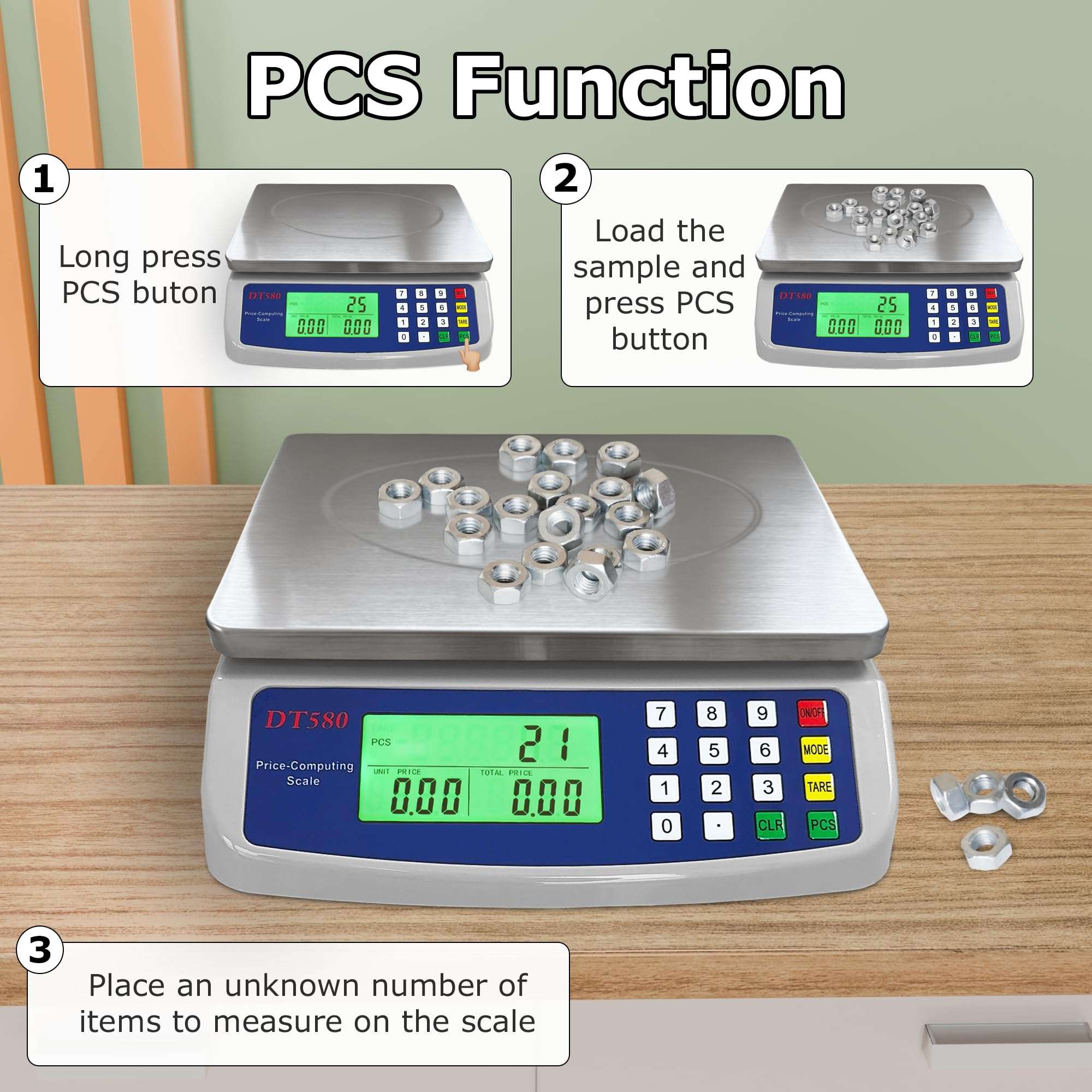 Large Digital Kitchen Scale 40kg/88lb Stainless Steel Price Computing Scale Counting Scale Deli Scale with LCD Display for Baking Bread Cooking Meat Prep Parts and Coins Adapter Included - Image 7
