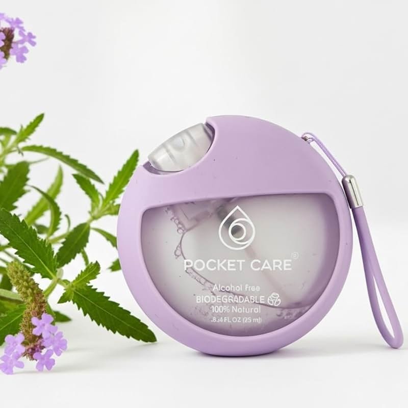 POCKET CARE–Organic Moisturizing Refillable Hydrating Verbena Hand Sanitizer Spray (25 ml/0.85 FL OZ) Preppy,Portable with Strap, Mini Travel Keychain– 100% Natural Power Mist - Product Image