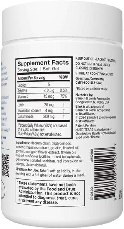 Blink NutriTears Clinically Proven Supplement for Dry Eyes, Eye Care with Lutein & Zeaxanthin and Vitamin D to Hydrate Eyes from Within for Long-Lasting Relief, 50 Softgels - Image 7
