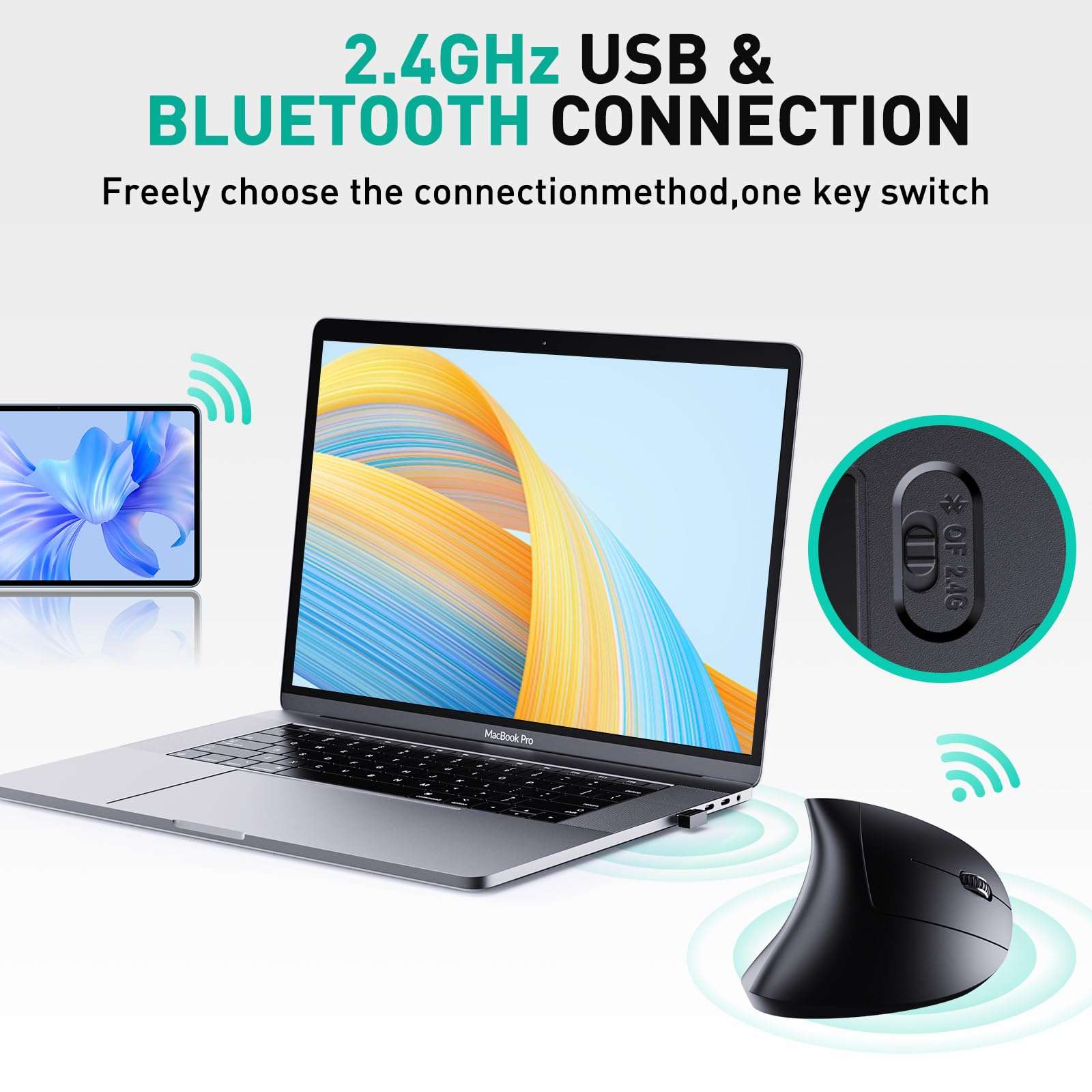 JYKEYMOUT Bluetooth and 2.4G (2-in-1) Rechargeable Wireless Mouse, Ergonomic Vertical Design, 1000/1200/1600 DPI, 6 Silent Buttons, for Laptop, Computer, PC, MacBook, Chromebook-Black - Image 3