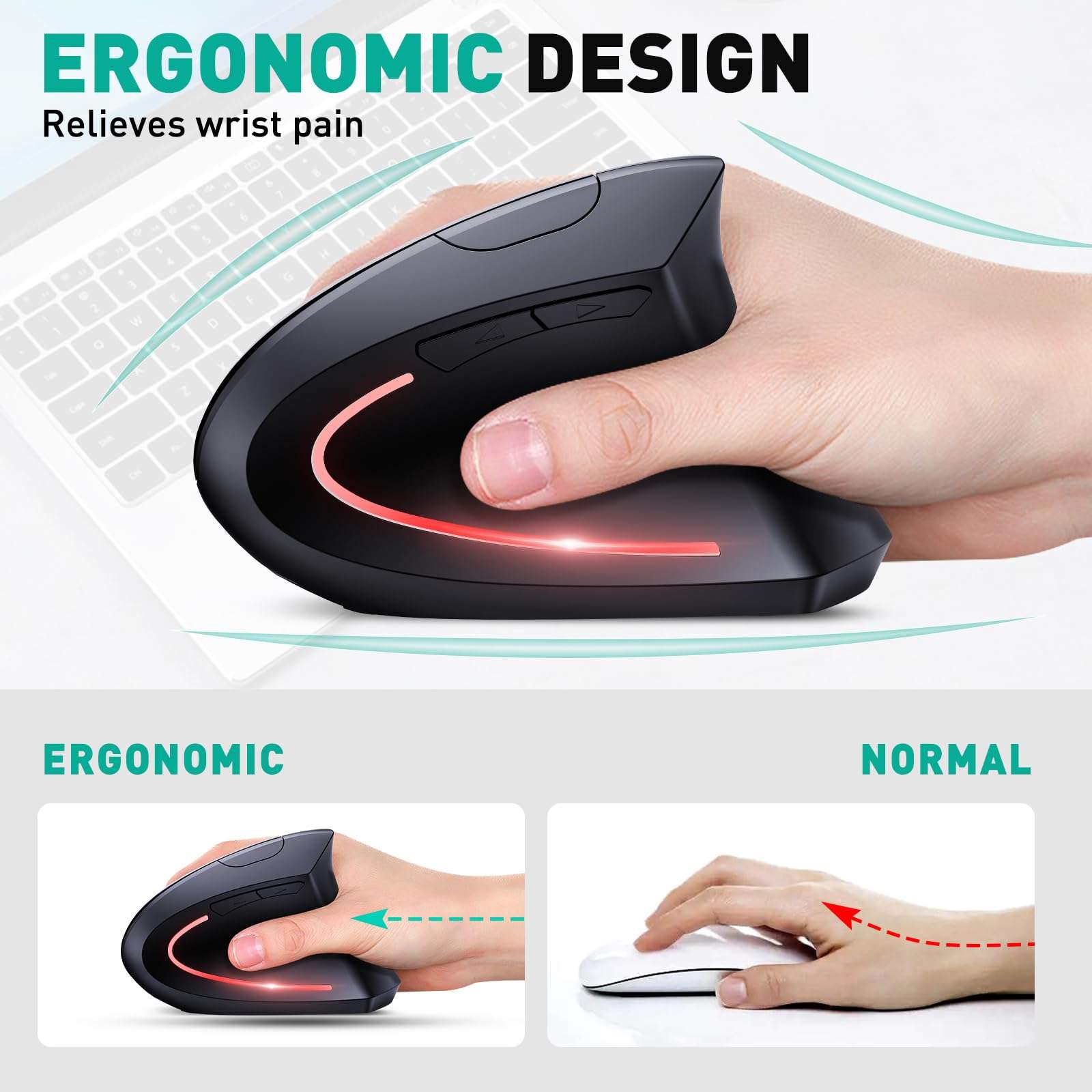 JYKEYMOUT Bluetooth and 2.4G (2-in-1) Rechargeable Wireless Mouse, Ergonomic Vertical Design, 1000/1200/1600 DPI, 6 Silent Buttons, for Laptop, Computer, PC, MacBook, Chromebook-Black - Image 4