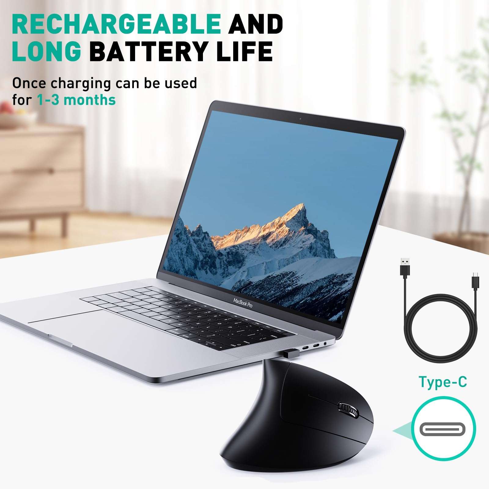 JYKEYMOUT Bluetooth and 2.4G (2-in-1) Rechargeable Wireless Mouse, Ergonomic Vertical Design, 1000/1200/1600 DPI, 6 Silent Buttons, for Laptop, Computer, PC, MacBook, Chromebook-Black - Image 6