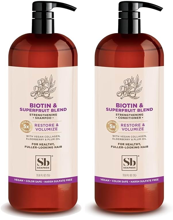 Soapbox Biotin & Super Fruit Shampoo & Conditioner Set, Leaves Hair Volumized & Strengthened - Clean Ingredients Free of Harsh Chemicals, Sulfates, Parabens & Silicones - 1 Liter Each - Product Image