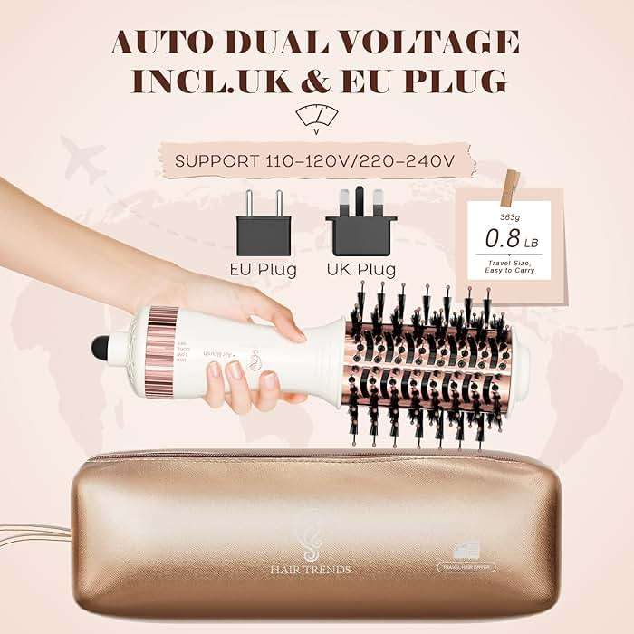 Travel Blow Dryer Brush in one, Dual Voltage 120V-240V Mini Hot Air Brush, Hair Trends Nano Titanium 2 Inch One Step Hair Dryer and Styler Volumizer Oval Shape - Image 2