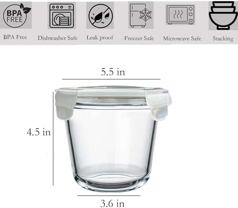 H.JSS WDJS 3Cup Round Glass Food Storage Containers with Airtight lids, 23oz Glass Meal Prep Containers, Heat-Resistant BPA-Free for Soup Leftover, Microwave, Dishwasher and Fridge Safe (white-4Pack) - Image 3