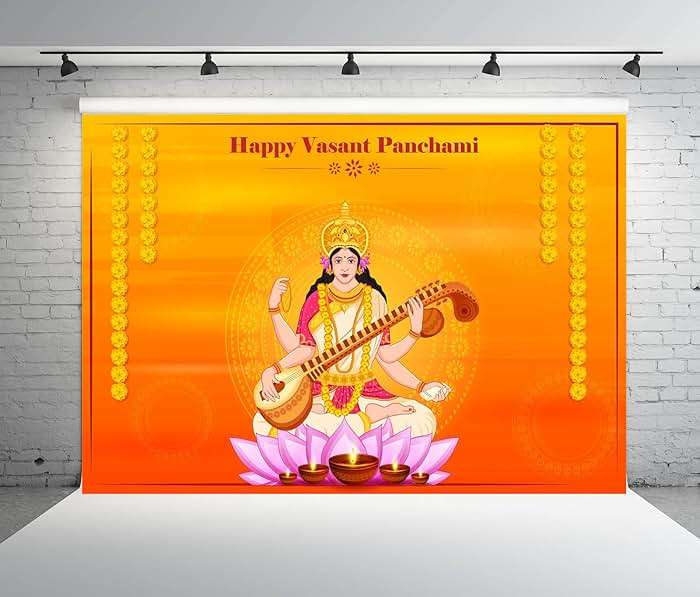 BELECO 7x5ft Fabric India Happy Vasant Panchami Backdrop Photography Saraswati Puja Indian Festival Background for Hindu Indian Celebrating Party Decorations Photo Studio Props - Image 2