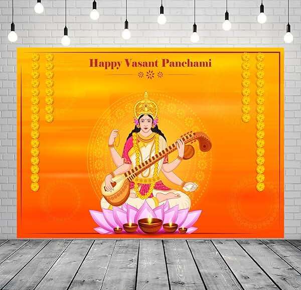 BELECO 7x5ft Fabric India Happy Vasant Panchami Backdrop Photography Saraswati Puja Indian Festival Background for Hindu Indian Celebrating Party Decorations Photo Studio Props - Image 4