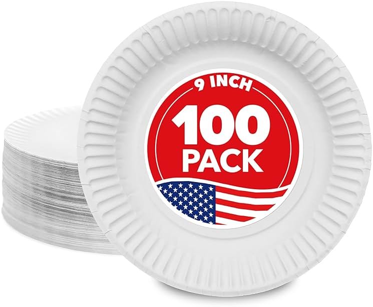 Stock Your Home 9-Inch Paper Plates Uncoated, Everyday Disposable Plates 9" Paper Plate Bulk, White, 100 Count - Product Image