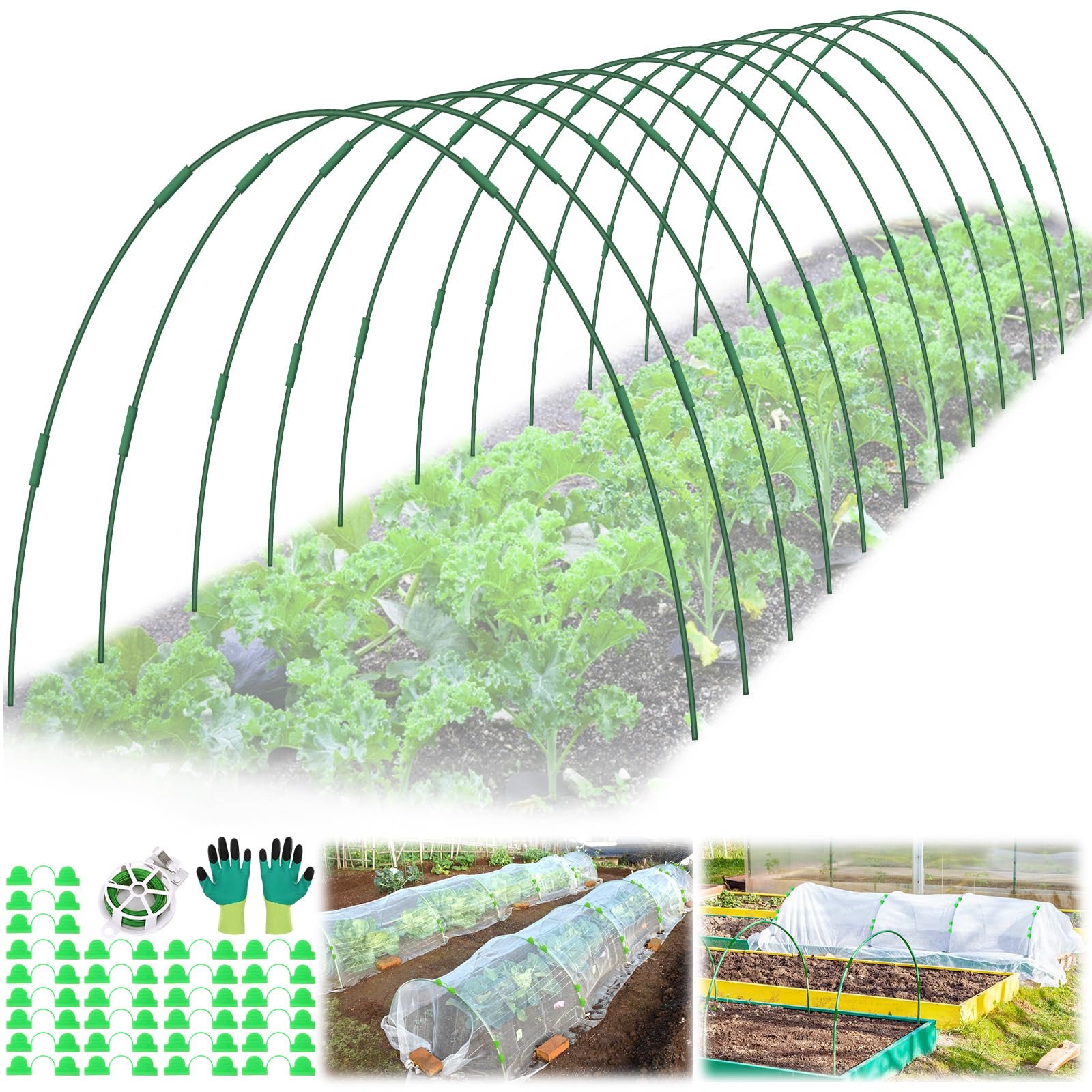 60 Pcs Garden Hoops for Raised Beds, 12 Sets Greenhouse Hoops Grow Tunnel Rust-Free Fiberglass Hoop House Kit, Plant Support Garden Stakes Hoops Frame for Netting Shade Cloth Row Cover Garden Supplies - Product Image