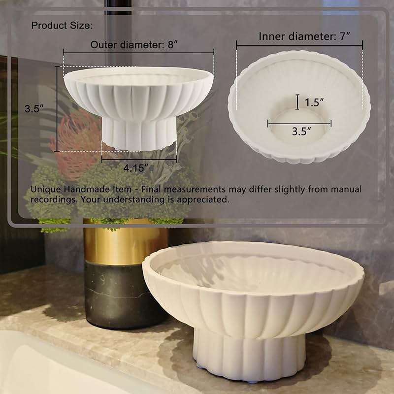 ALIWINER Small Modern Pedestal Decor Fruit Bowl 8" Ceramic,Approx 26 oz Fluted Catch-all Bowl,Footed Home Decorative Bowl for Home Decor,Coffee Table Centerpiece - Image 4