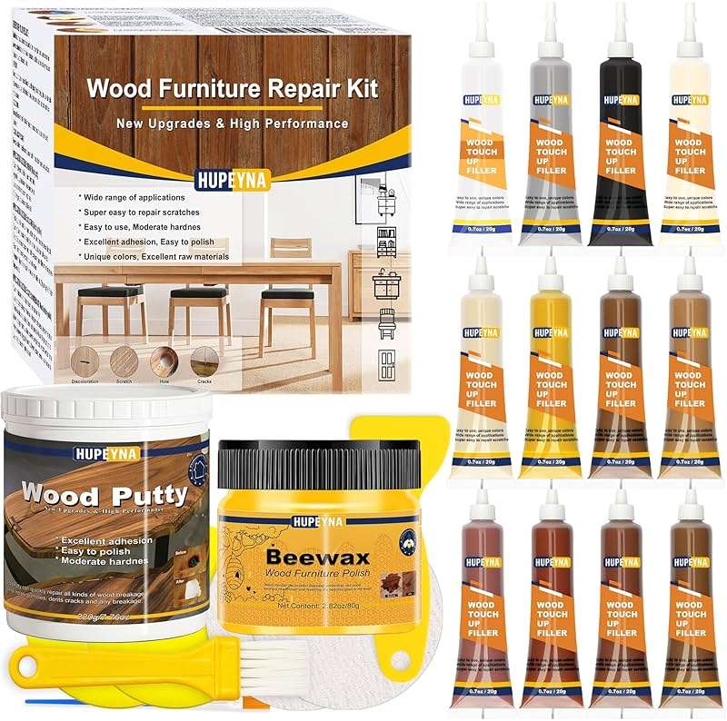 Hupeyna Wood Furniture Repair Kit, 21 Pcs Touch Up Wood Putty, Wood Fillers and Beeswax - Repair Cracks, Scratch, Hole, Discoloration for Wooden Floor, Door, Laminate, Table, Cabinet Surfaces - Image 1