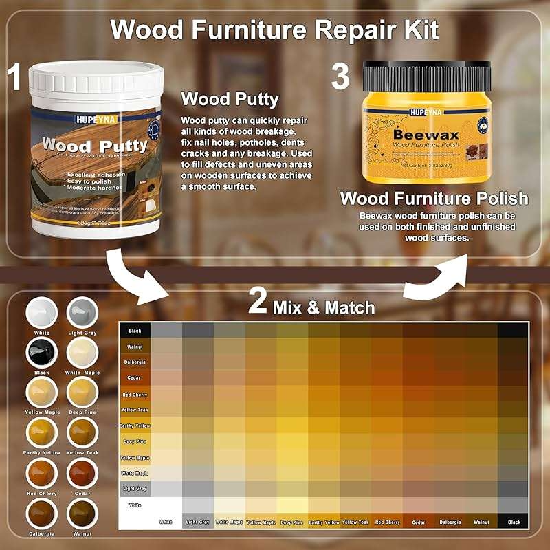 Hupeyna Wood Furniture Repair Kit, 21 Pcs Touch Up Wood Putty, Wood Fillers and Beeswax - Repair Cracks, Scratch, Hole, Discoloration for Wooden Floor, Door, Laminate, Table, Cabinet Surfaces - Image 3