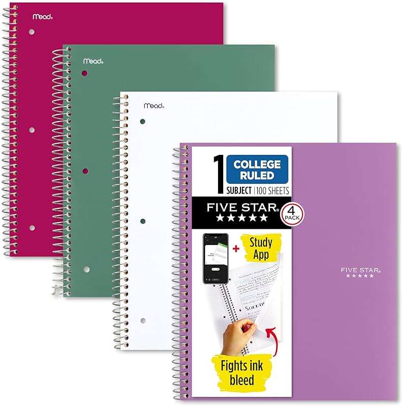 Five Star Spiral Notebook + Study App, 100 Sheets, 1 Subject, College Ruled Paper, Fights Ink Bleed, Water Resistant Cover, 820337-ECM, Purple, Pink, White & Green, 8-1/2" x 11", 4 Pack - Image 1