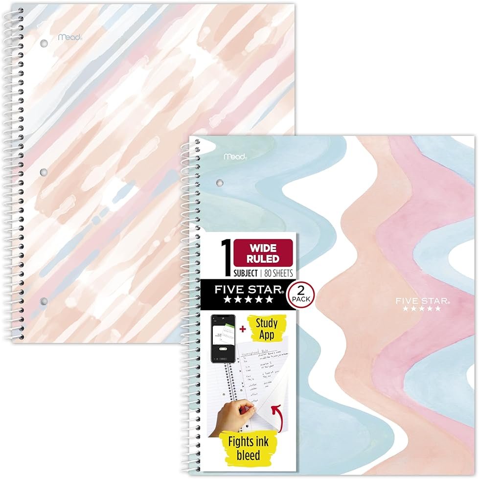 Five Star Spiral Notebook + Study App, 2 Pack, 1 Subject, Wide Ruled, 8" x 10-1/2", 80 Sheets, Fights Ink Bleed, Water Resistant Cover, Pastel Waves and Brush Strokes (930210F-ECM) - Product Image