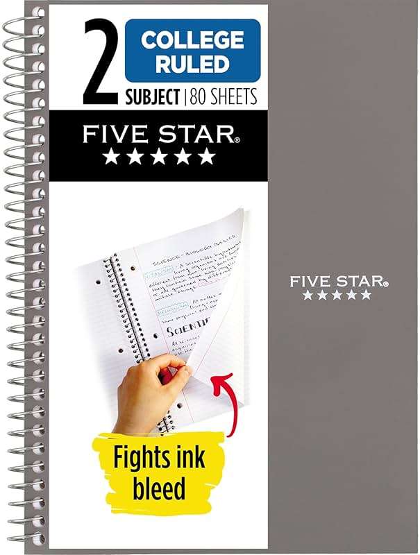 Five Star Spiral Notebook, 2 Subject, College Ruled Paper, 6" x 9-1/2", 80 Sheets, Fights Ink Bleed, Water Resistant Cover, Gray (840029AA3-ECM) - Image 1