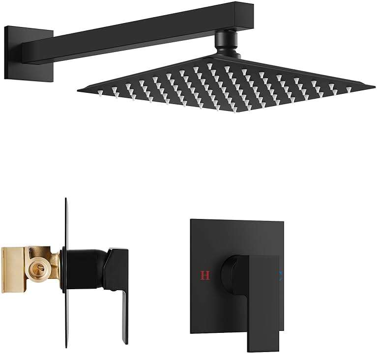 Airuida Shower Faucet Set with Female Thread Rough-in Valve, Rainfall Shower Head and Handle set, Single Function Valve Trim Kit, 8 Inch Matte Black - Image 1