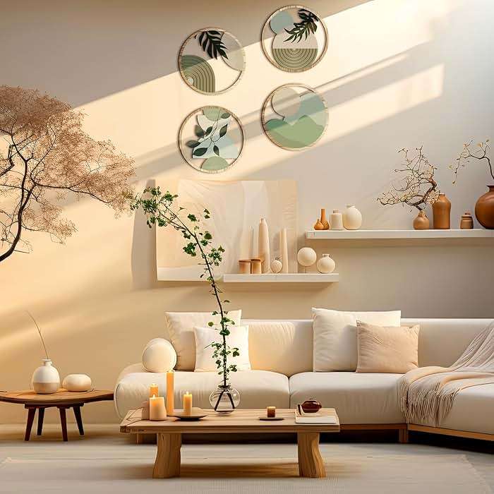 Qunclay 4 Pcs Boho Wall Art Bohemian Wooden Round Circle Wall Decor Hollow out Hanging Farmhouse Aesthetic for Bedroom Living Room Bathroom Bedroom Bathroom Patio Apartment Gift 10 Inch (Green) - Image 2