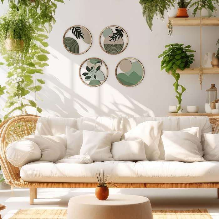 Qunclay 4 Pcs Boho Wall Art Bohemian Wooden Round Circle Wall Decor Hollow out Hanging Farmhouse Aesthetic for Bedroom Living Room Bathroom Bedroom Bathroom Patio Apartment Gift 10 Inch (Green) - Image 4