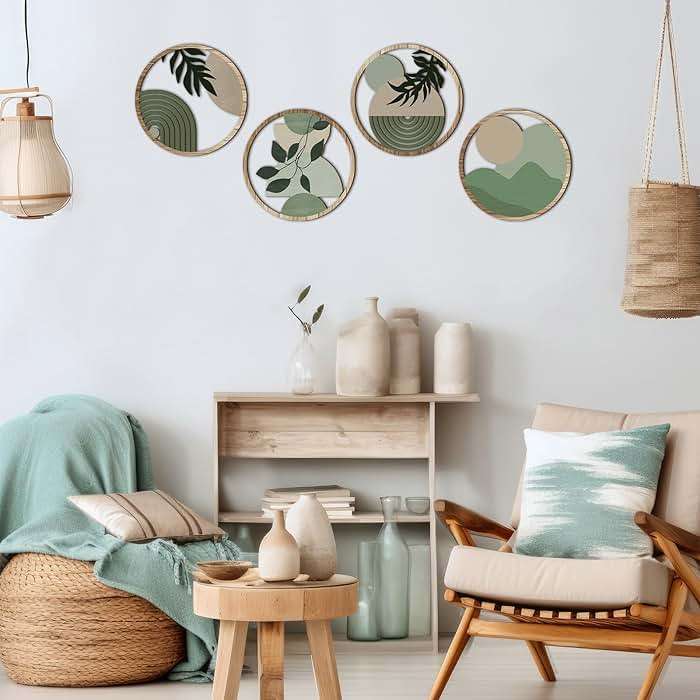 Qunclay 4 Pcs Boho Wall Art Bohemian Wooden Round Circle Wall Decor Hollow out Hanging Farmhouse Aesthetic for Bedroom Living Room Bathroom Bedroom Bathroom Patio Apartment Gift 10 Inch (Green) - Image 5