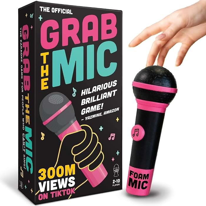 Lucky Egg Official Grab The Mic – Family Karaoke Board Game w/Foam Mic, 8+ Ages, 2-10 Players - Games for Bad Singers w/ 230 Lyrics (115 Cards) - Product Image