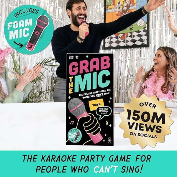Lucky Egg Official Grab The Mic – Family Karaoke Board Game w/Foam Mic, 8+ Ages, 2-10 Players - Games for Bad Singers w/ 230 Lyrics (115 Cards) - Image 2