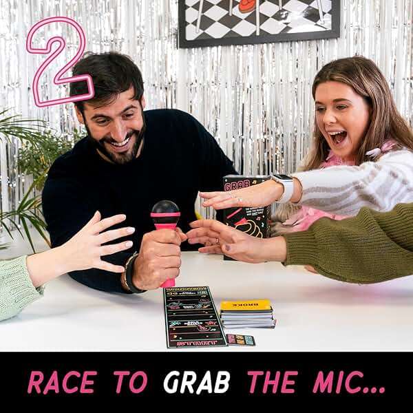 Lucky Egg Official Grab The Mic – Family Karaoke Board Game w/Foam Mic, 8+ Ages, 2-10 Players - Games for Bad Singers w/ 230 Lyrics (115 Cards) - Image 4
