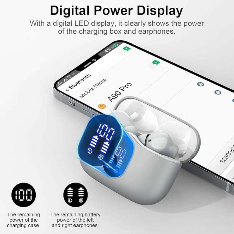 Btootos Wireless Earbuds Bluetooth 5.3 Headphones Bass Stereo Ear Buds with Noise Cancelling Mic LED Display in Ear Earphones IP7 Waterproof 36H Playtime for Laptop Pad Phones Sports Graphite Gray - Image 6