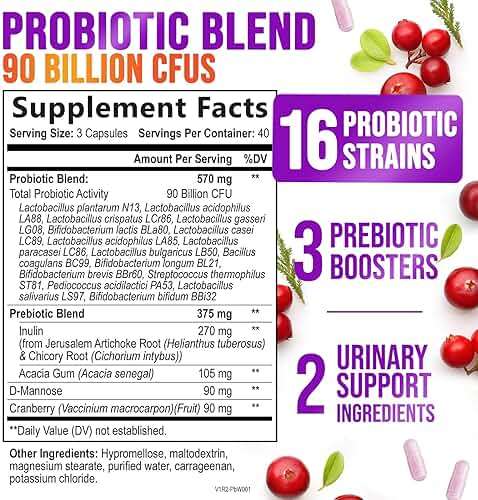 Probiotics for Women - Probiotic Blend 90 Billion CFU Per Serving - Women's Probiotic for Targeted Vaginal & Digestive Health Support - 16 Strains, Cranberry, Prebiotics - Bottled USA - 120 Capsules - Image 2