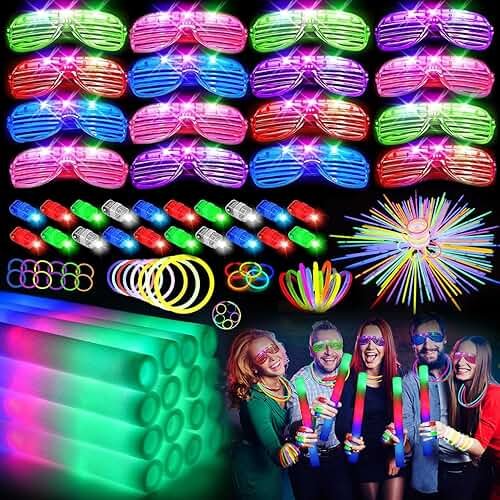 HONLYNE168 PCS Glow in the Dark Party Supplies, Light Up Party Favors 12PCS LED Glasses, 16PCS Foam Glow Sticks, 40PCS Finger Lights, 100PCS Glow Sticks Bulk for Glow Party Wedding Birthday Raves - Product Image