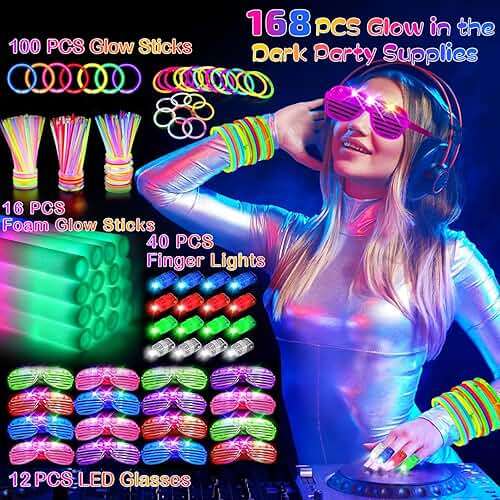 HONLYNE168 PCS Glow in the Dark Party Supplies, Light Up Party Favors 12PCS LED Glasses, 16PCS Foam Glow Sticks, 40PCS Finger Lights, 100PCS Glow Sticks Bulk for Glow Party Wedding Birthday Raves - Image 3