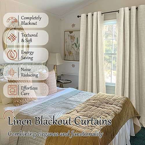 Lajode Blackout Curtains for Bedroom - Linen Black Out Curtains 84 Inch Long Thermal Insulated Burlap Grommet Window Drapes for Farmhouse Living Room Darkening, 2 Panels, Each 52" Wide, Natural Cream - Image 2