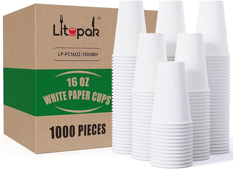 LITOPAK 1000 pack 16 oz Disposable Paper Coffee Cup, Hot Paper Coffee Cups, 16 oz White Paper Cups for Offices, Schools, Shops, Restaurants - Product Image