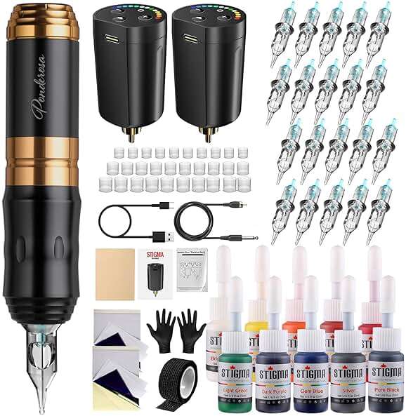 STIGMA Wireless Tattoo Gun Kit Complete with Pro Short Pen, 2 Batteries, 20 Tattoo Cartridge Needles, 10 Colors Set, Full Tattoo Accessories STP35TI4002-9 - Image 1