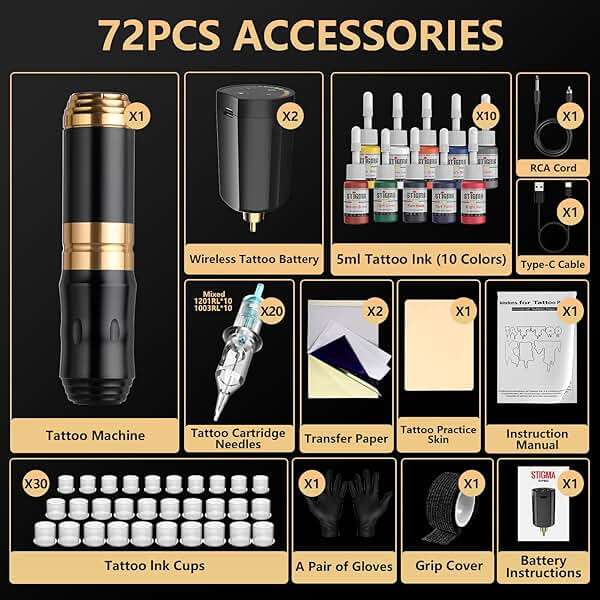 STIGMA Wireless Tattoo Gun Kit Complete with Pro Short Pen, 2 Batteries, 20 Tattoo Cartridge Needles, 10 Colors Set, Full Tattoo Accessories STP35TI4002-9 - Image 7