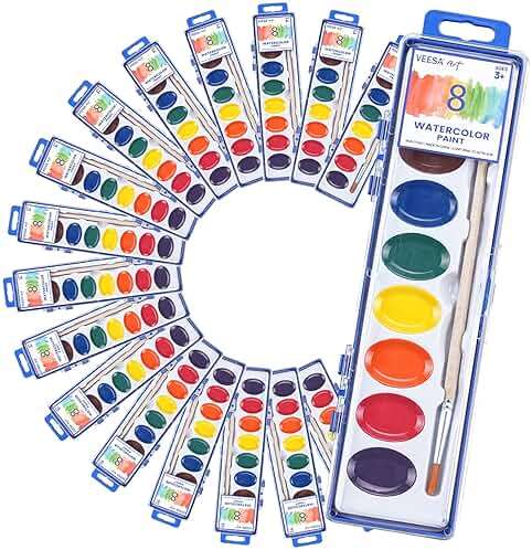 Washable Watercolor Paint Set for Kids, 24 Pack, 8 Colors with Wood Brushes, Non-Toxic, for Classroom, Party Favors & Homeschool - Image 1