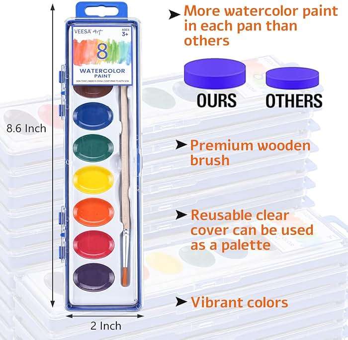 Washable Watercolor Paint Set for Kids, 24 Pack, 8 Colors with Wood Brushes, Non-Toxic, for Classroom, Party Favors & Homeschool - Image 2