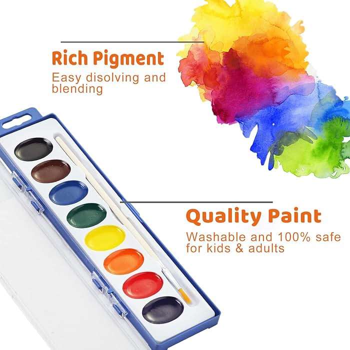 Washable Watercolor Paint Set for Kids, 24 Pack, 8 Colors with Wood Brushes, Non-Toxic, for Classroom, Party Favors & Homeschool - Image 3