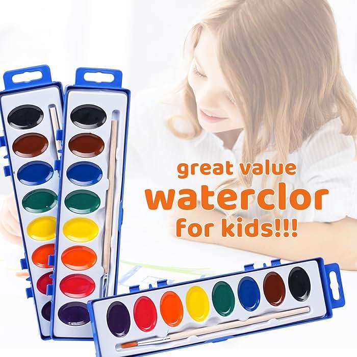 Washable Watercolor Paint Set for Kids, 24 Pack, 8 Colors with Wood Brushes, Non-Toxic, for Classroom, Party Favors & Homeschool - Image 4