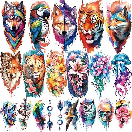 77 Sheets Temporary Tattoo, 17 Sheets Half Arm Flower Lion Tiger Cat Owl Parrot Fake Tattoos for Adults Shoulder Neck, 60 Sheets Tiny Waterproof Temporary Tattoos Realistic for Women Girls and Kids - Product Image