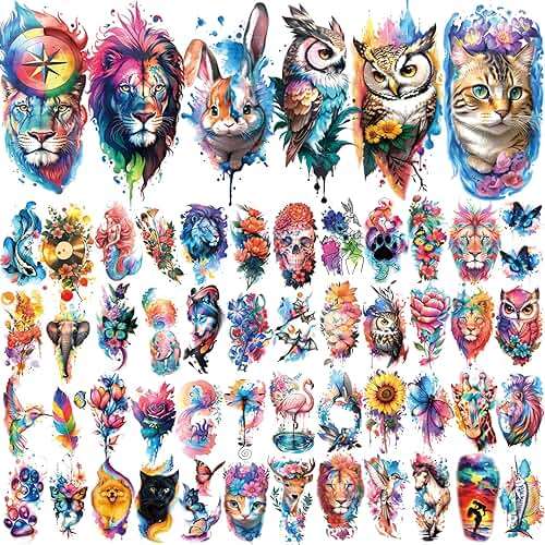77 Sheets Temporary Tattoo, 17 Sheets Half Arm Flower Lion Tiger Cat Owl Parrot Fake Tattoos for Adults Shoulder Neck, 60 Sheets Tiny Waterproof Temporary Tattoos Realistic for Women Girls and Kids - Image 2