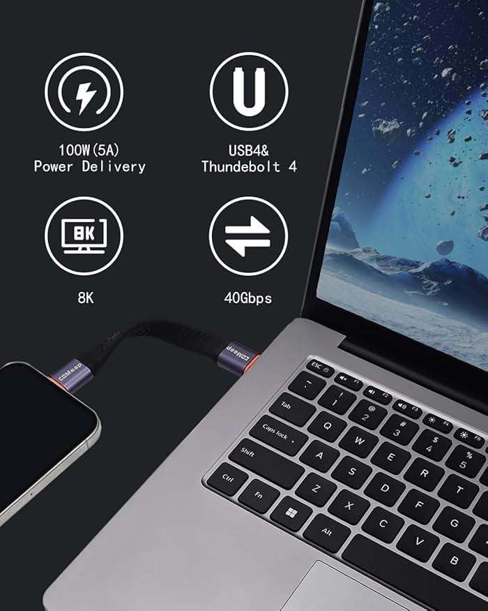 COMeap Short USB C Cable, 40Gbps Short USB 4 Cable, 240W PD Fast Charging, Compatible with Thunderbolt 4/3, Laptop, Tablet, Phone, Steam Deck, ROG Ally - 4 Inch - Image 2