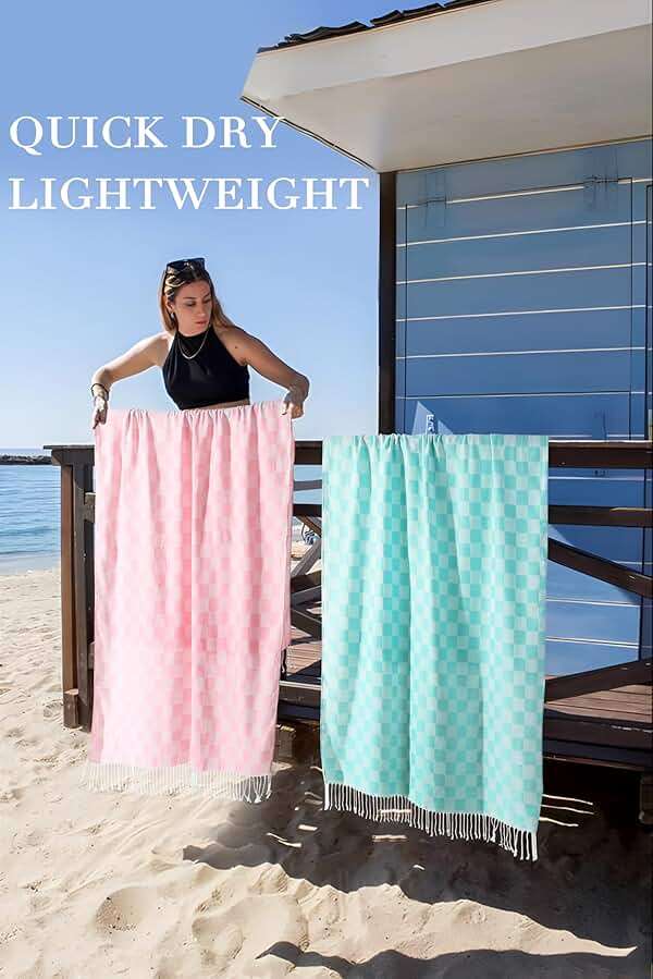 Checkered Plaid Turkish Beach Towel Vacation Essentials Blanket Sand Free Quick Dry Oversized Thin Cloud Clearance Alaska Cruise Summer Accessories Beach Gift Must Haves Gear Stuff Travel Gadgets - Image 4