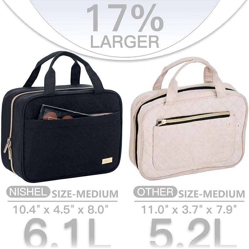 NISHEL Travel Toiletry Bag for women, Portable Hanging Organizer for Travel-Sized Shampoo, Conditioner, Brushes Set, makeup Accessories, Medium Size, Black - Image 3